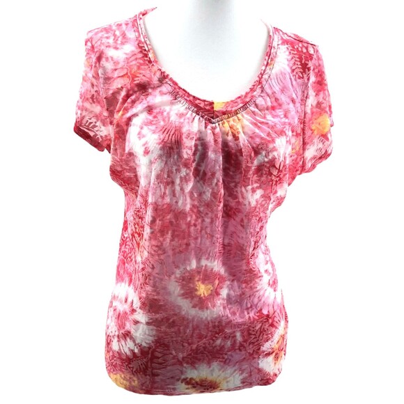 Relativity Womens Large Top Petite Sheer Pink Floral Fairy Happy‎  Scoop Neck - Picture 1 of 7